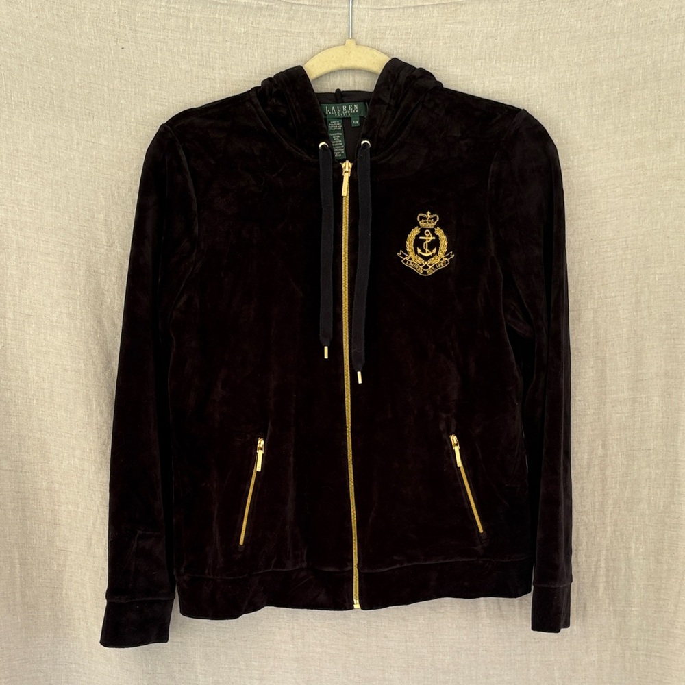 Ralph Lauren Black Velour Zip-Up Hoodie with Gold Crest Details